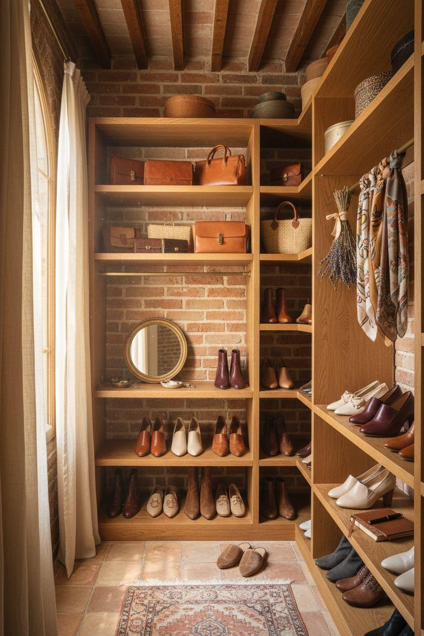 Closet shoe storage in a small space with reclaimed oak shelves