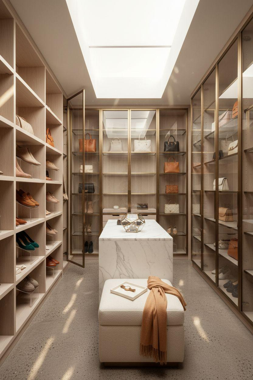Closet shoe storage with glass-fronted cabinets and marble platforms