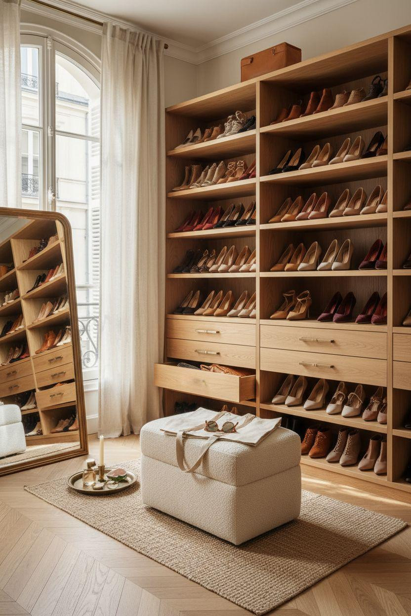 Closet shoe storage with pull-out drawers and open shelving