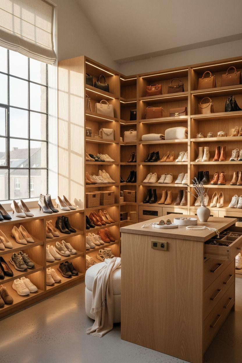 Closet shoe storage with built-in bench and cubbies