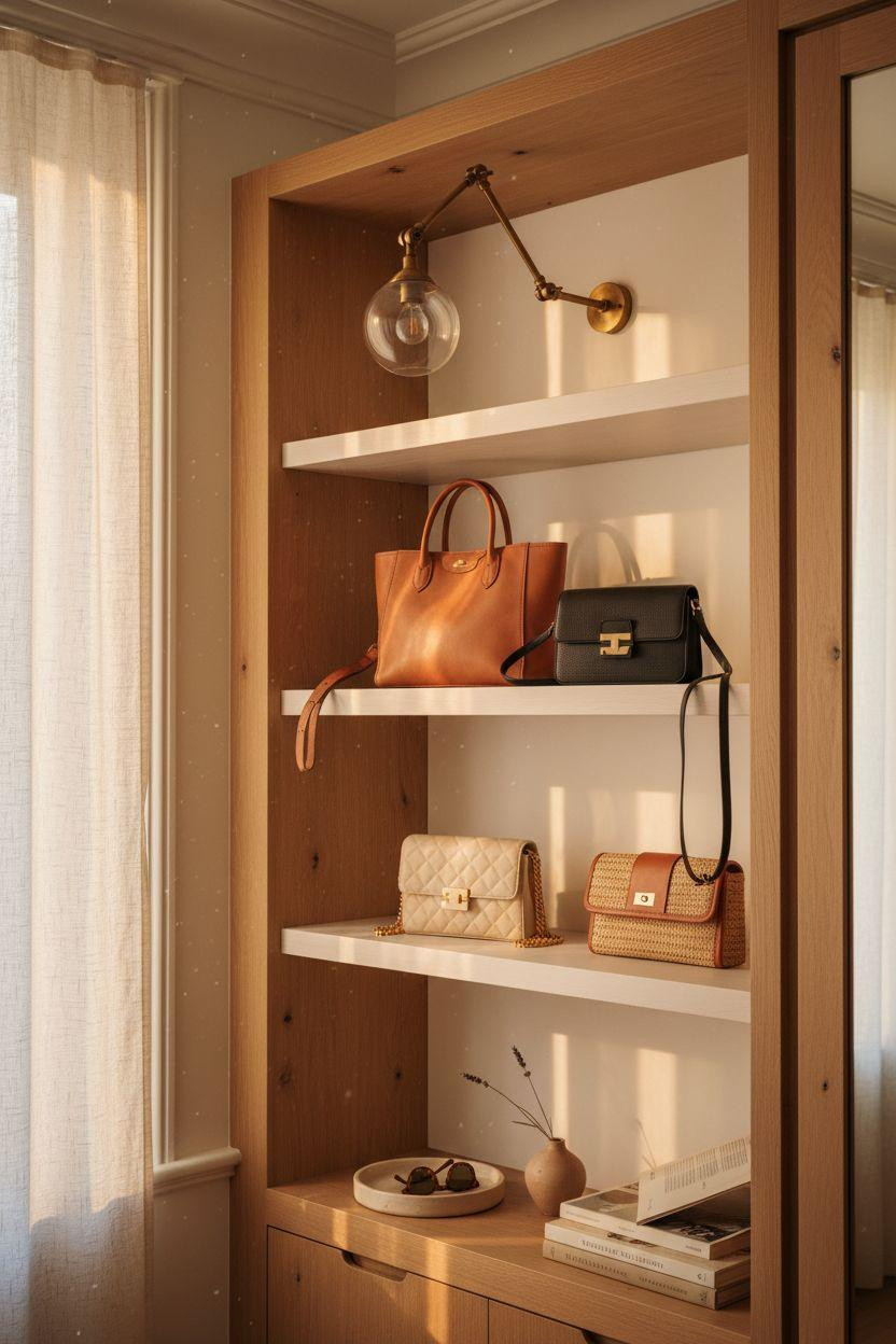 Closet shoe storage with handbag display and brass sconces