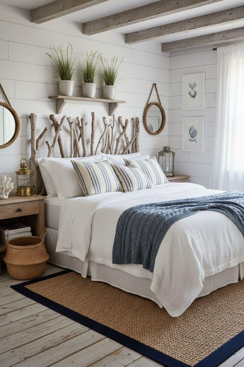 Coastal Cottage - coastal bedroom with driftwood headboard and layered white linens