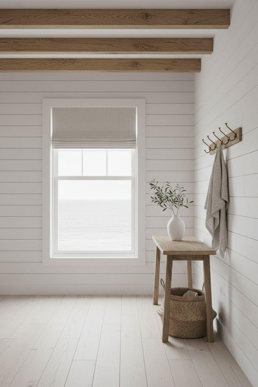Coastal Cottage - minimalist beach cottage with exposed oak ceiling beams and white shiplap