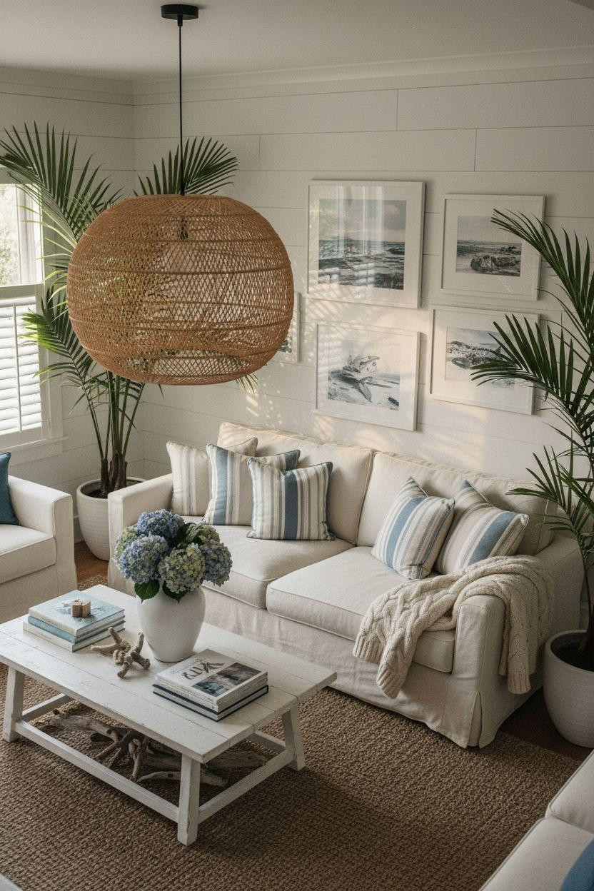 Coastal Cottage - living room with oversized woven rattan pendant light fixture