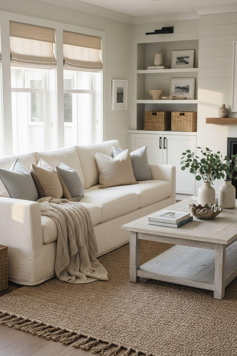 Coastal Cottage - neutral living room with modern matte black cabinet hardware