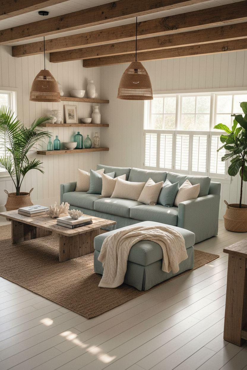 Coastal Cottage - spacious room with exposed wood beams and seafoam green accents
