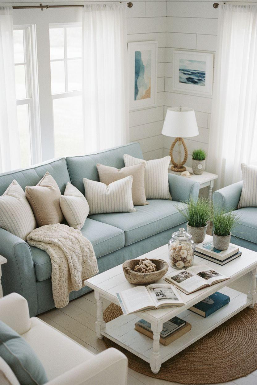 Coastal Cottage - bright living room with sky blue linen sofa and nautical accents