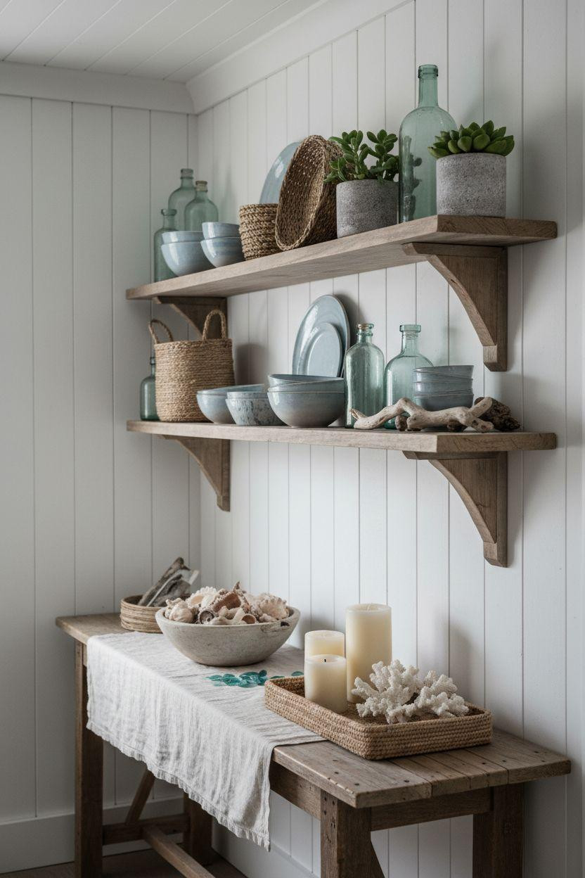 Coastal Cottage - weathered white shiplap walls with open wooden shelving