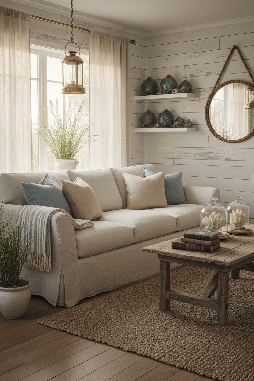 Coastal Cottage - cozy beach cottage with vintage nautical decor and rope-wrapped mirror