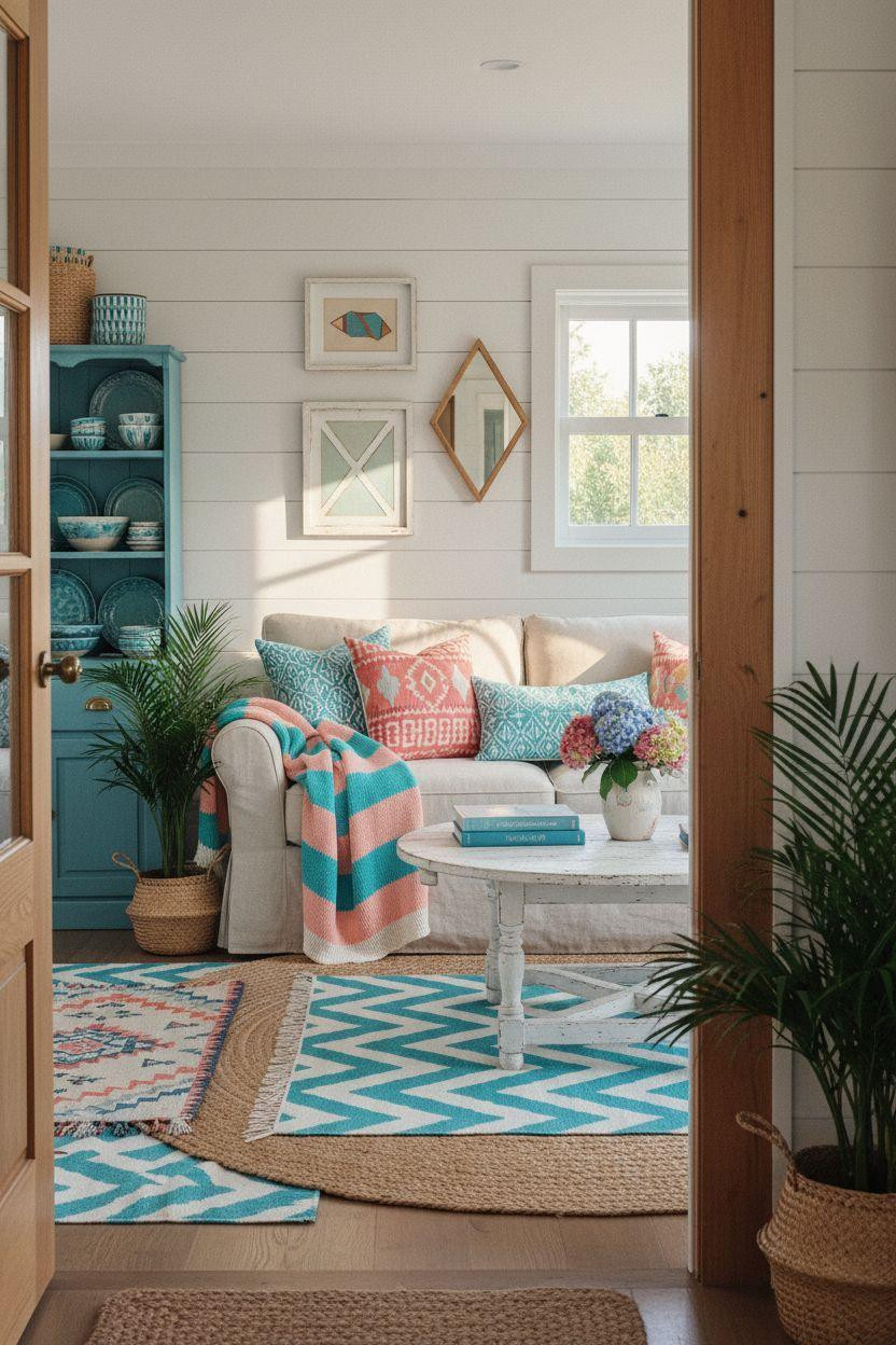 Coastal Cottage - colorful living room with geometric patterned pillows and layered rugs