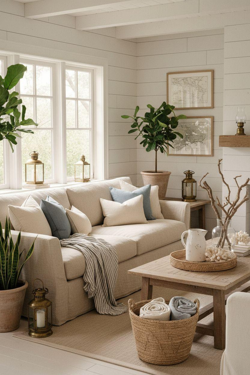 Coastal Cottage - elegant living room with oatmeal linen sofa and brass lanterns