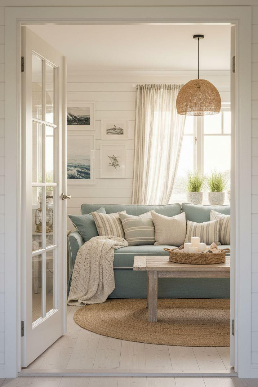Coastal Cottage - view through doorway showing seafoam living room with billowing curtains