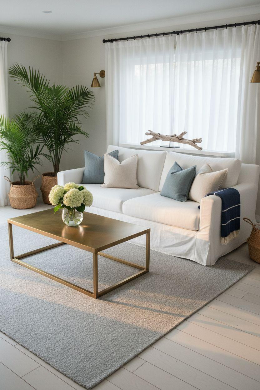 Coastal Cottage - renovated space with geometric brass coffee table and soft blue accents