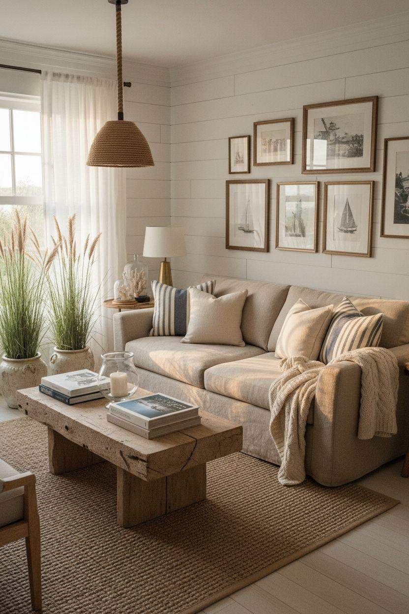 Coastal Cottage - beach cottage living room with rope pendant light and brass accents