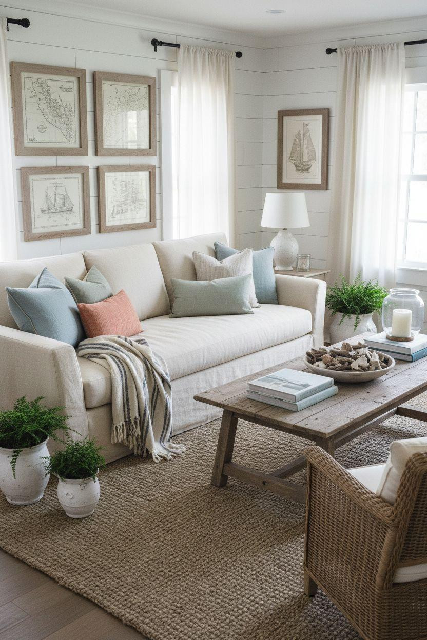 Coastal Cottage - neutral living room with coral and sage accent pillows