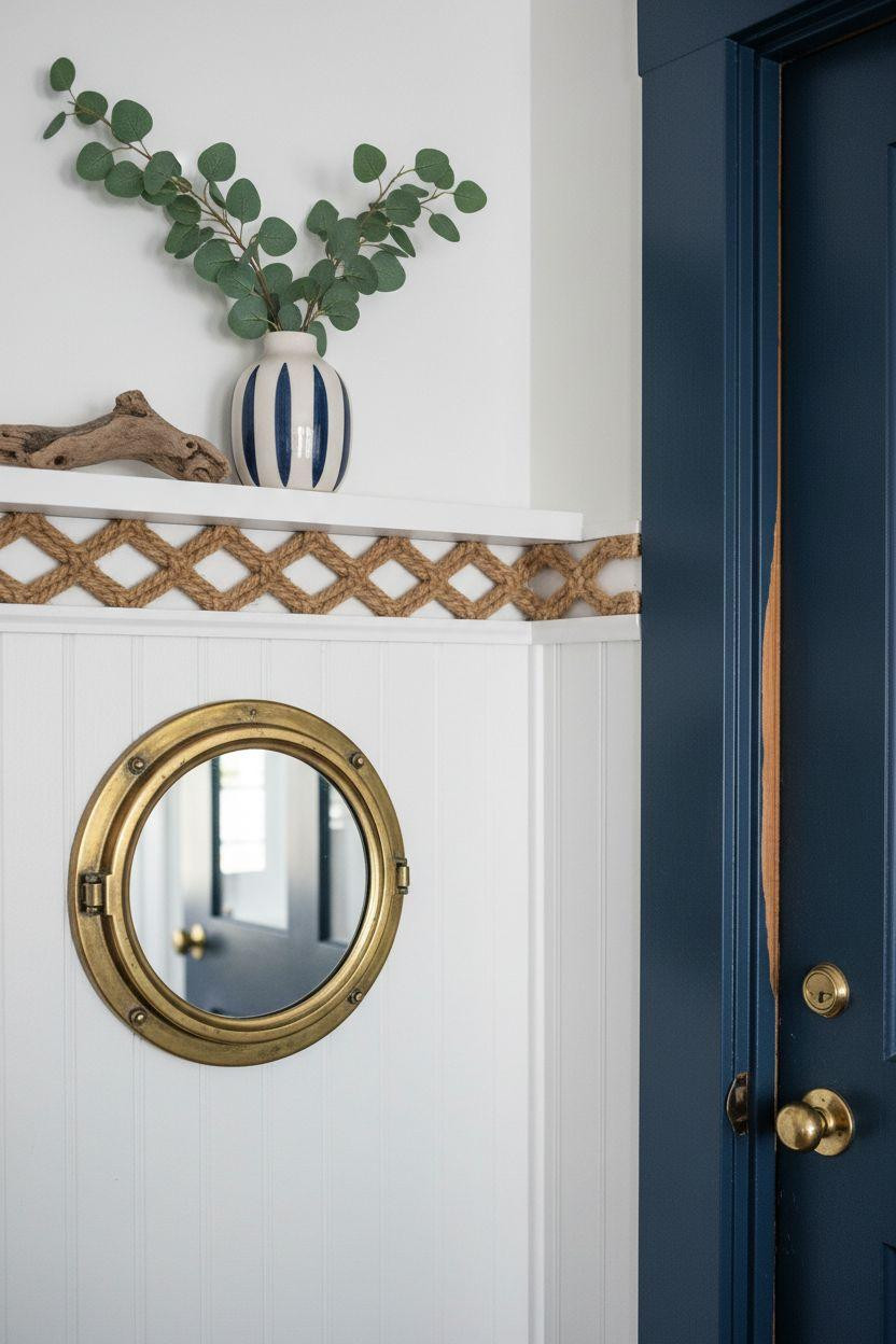Coastal Cottage - white beadboard corner with decorative nautical rope trim