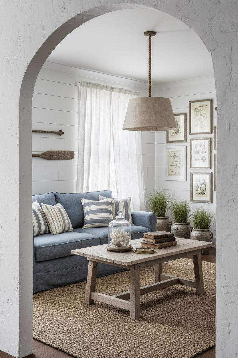 Coastal Cottage - view through arched doorway showing vintage oar and coral specimens