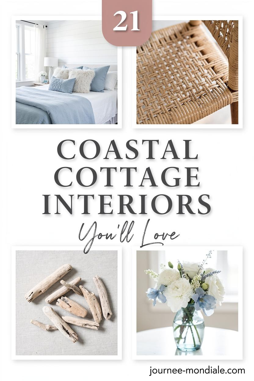 Airy coastal cottage interiors collage in editorial style, featuring large 'COASTAL COTTAGE INTERIORS' text over four photos: white shiplap bedroom with blue linens, woven rattan chair detail, driftwood accent flatlay, and sea glass vase with flowers. Soft natural light, whites, and blues, with '21' rose badge and 'You'll Love' script.