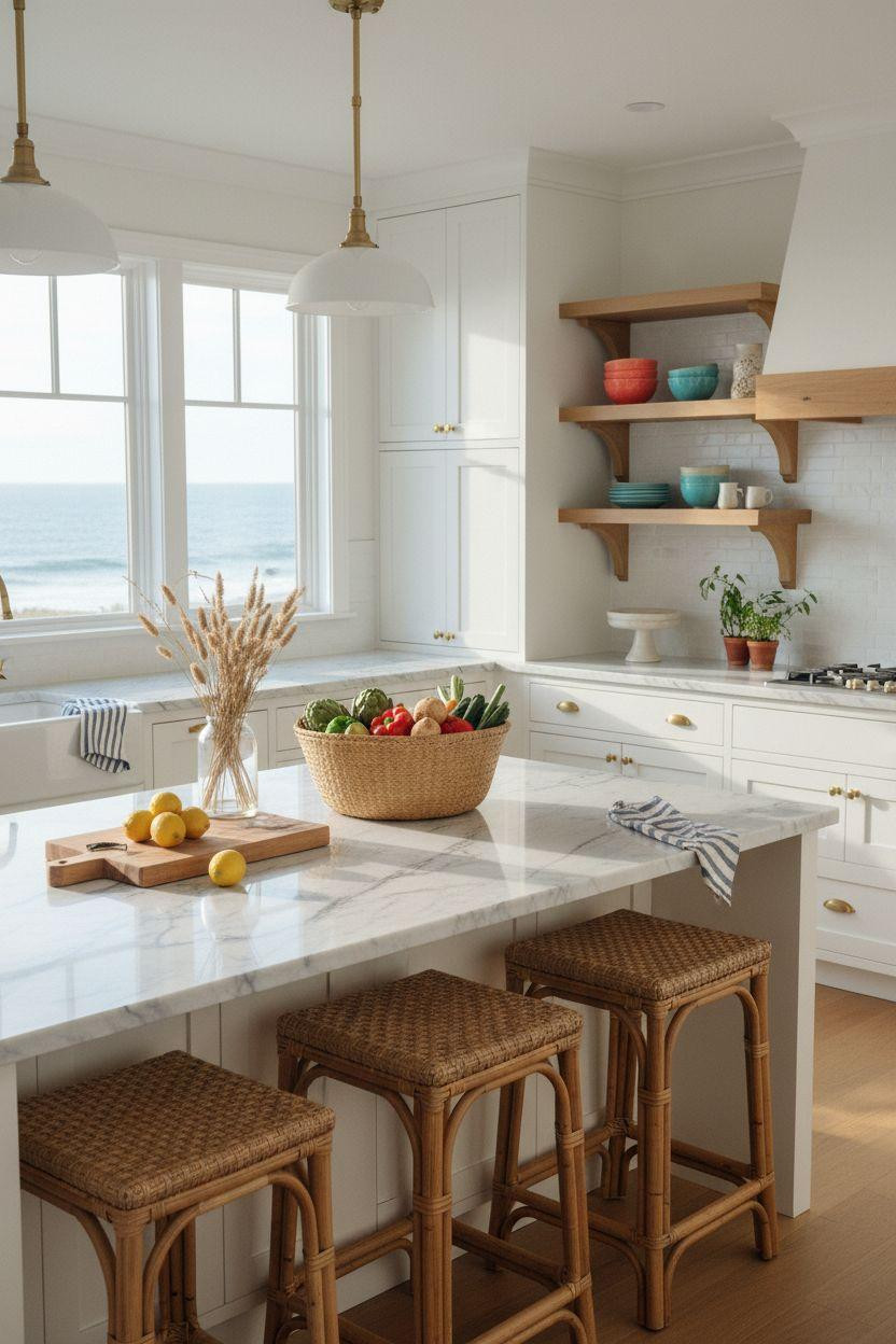 Coastal Cottage - white kitchen with brass hardware and navy cushioned rattan stools