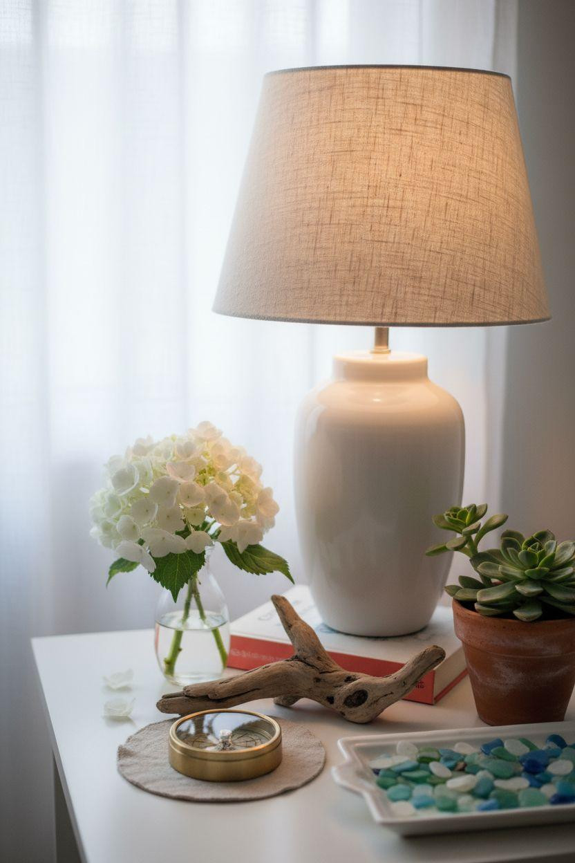 Coastal Cottage - styled nightstand with hydrangeas and vintage brass compass