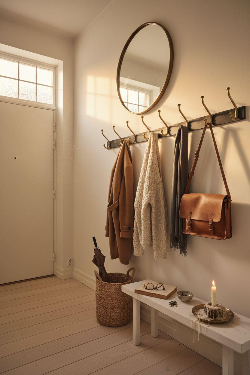 Coat Rack Entryway - blackened steel with aged brass hooks
