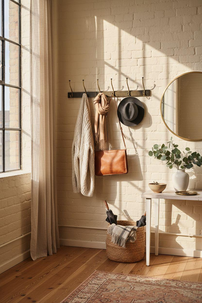 Coat Rack Entryway - warehouse with layered fabrics and brass