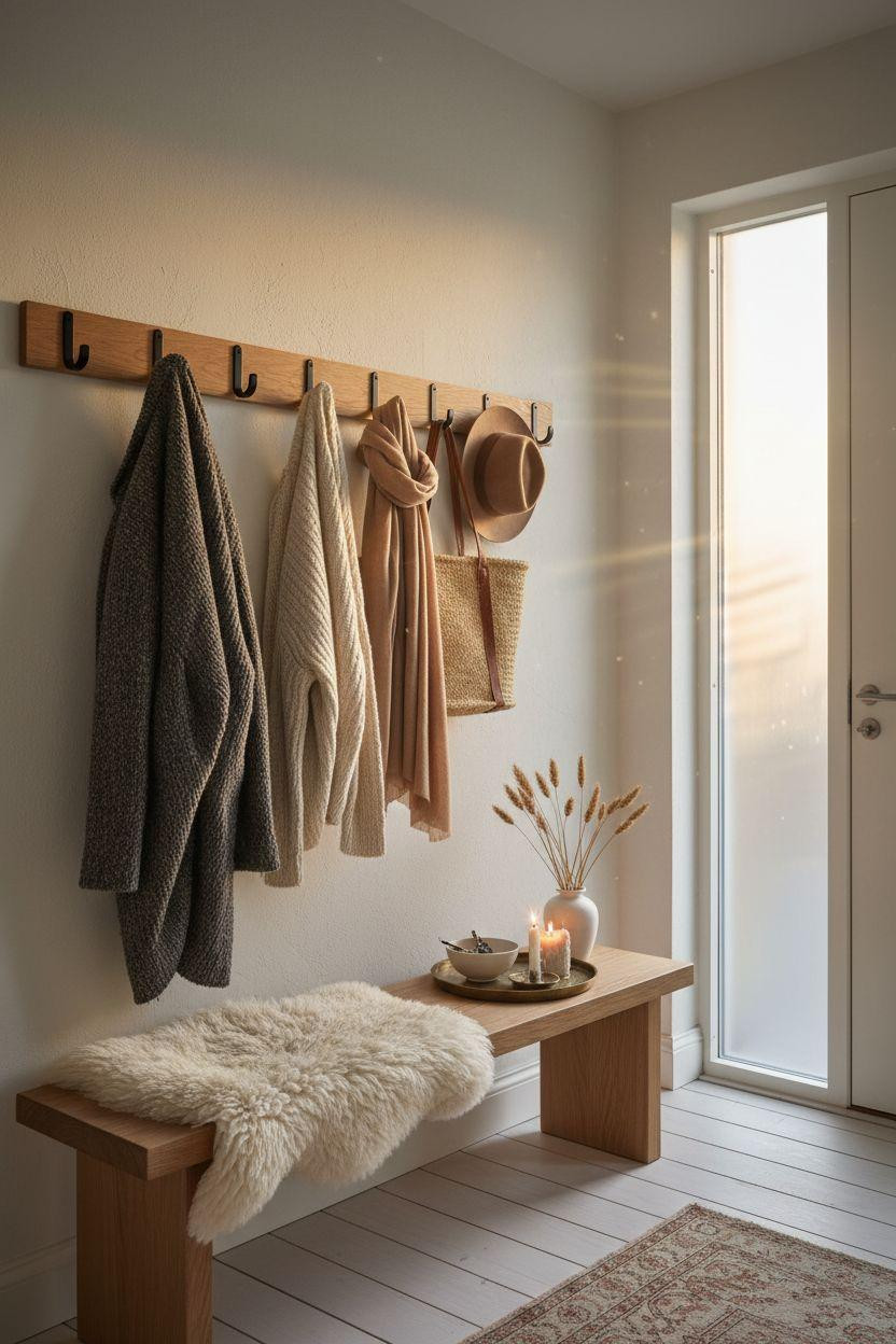 Coat Rack Entryway - sheepskin throw with brass accents