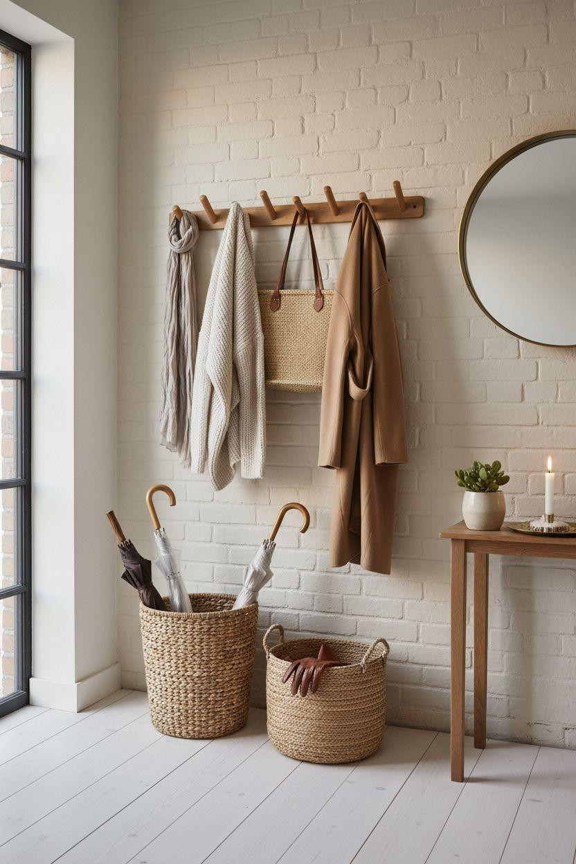 Coat Rack Entryway - pale gray walls with oak shelf
