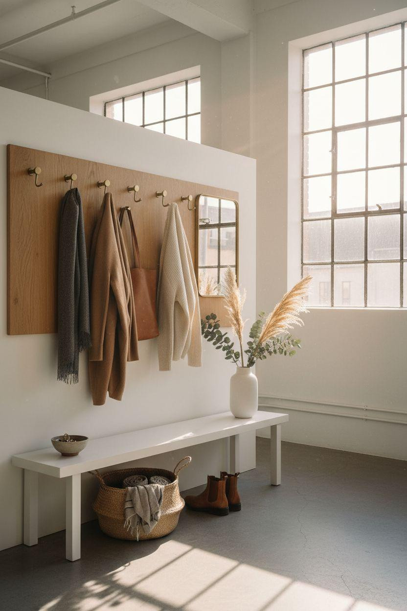 Coat Rack Entryway - cream textiles with natural jute basket