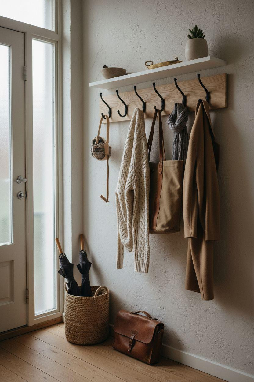 Coat Rack Entryway - ornate brass hooks with vintage mirror