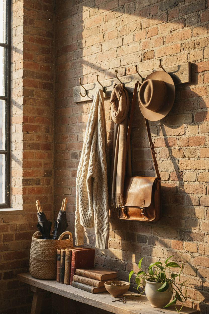 Coat Rack Entryway - compact setup with brass pendant light