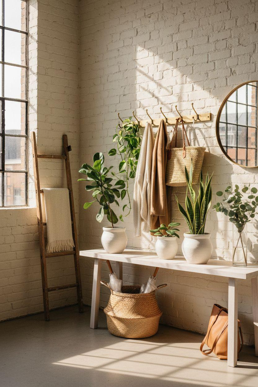 Coat Rack Entryway - warehouse loft with brass mirror and plants