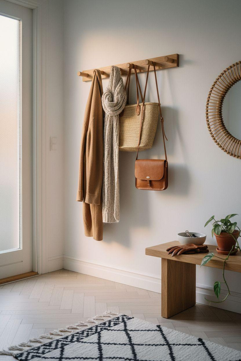 Coat Rack Entryway - natural white oak pegs in geometric pattern