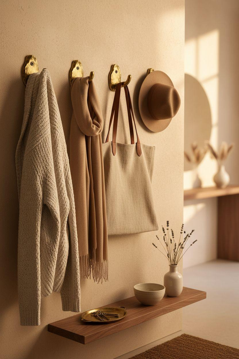 Coat Rack Entryway - aged brass hooks with wool and cashmere
