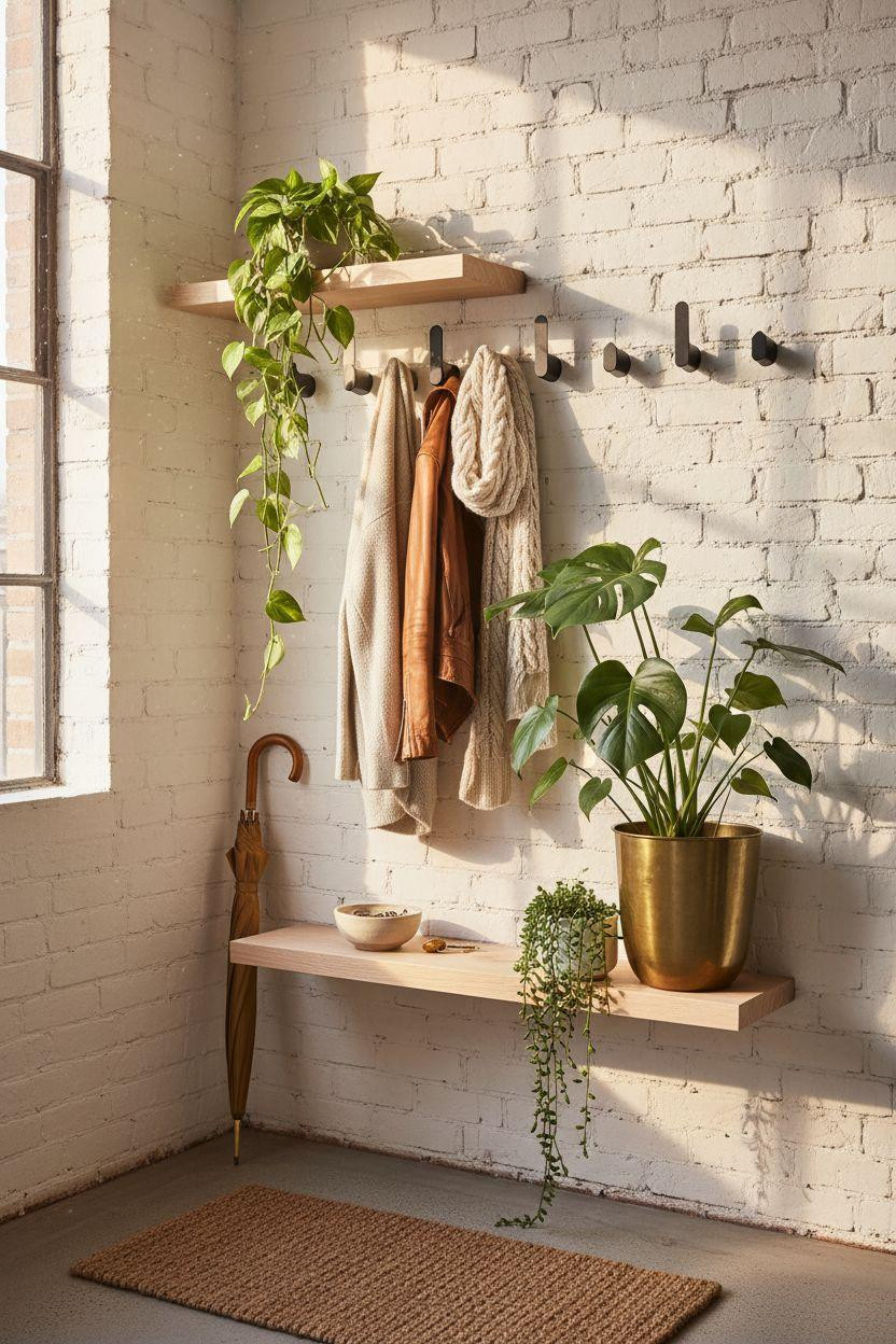 Coat Rack Entryway - modern brass hooks with cascading pothos