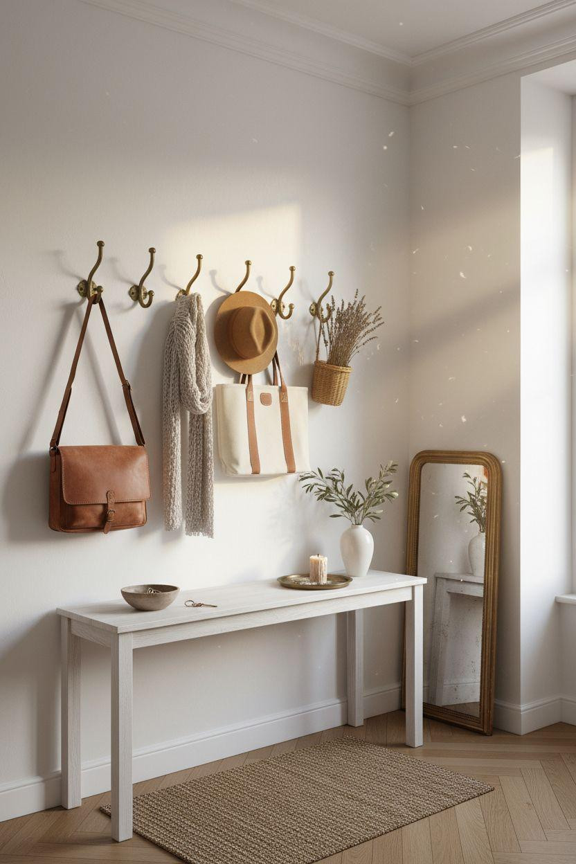 Coat Rack Entryway - eclectic neutrals with brass floor mirror