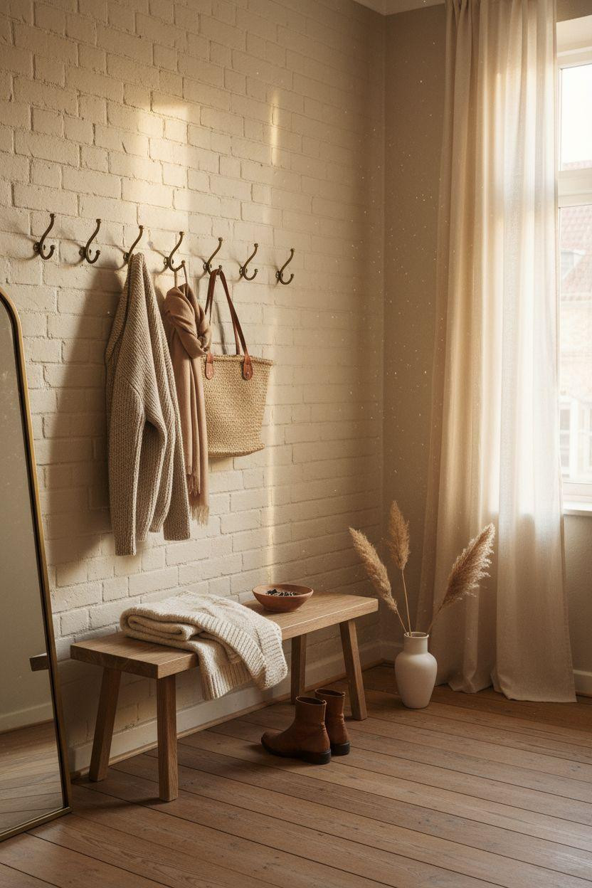 Coat Rack Entryway - honey oak with cream linen scarf