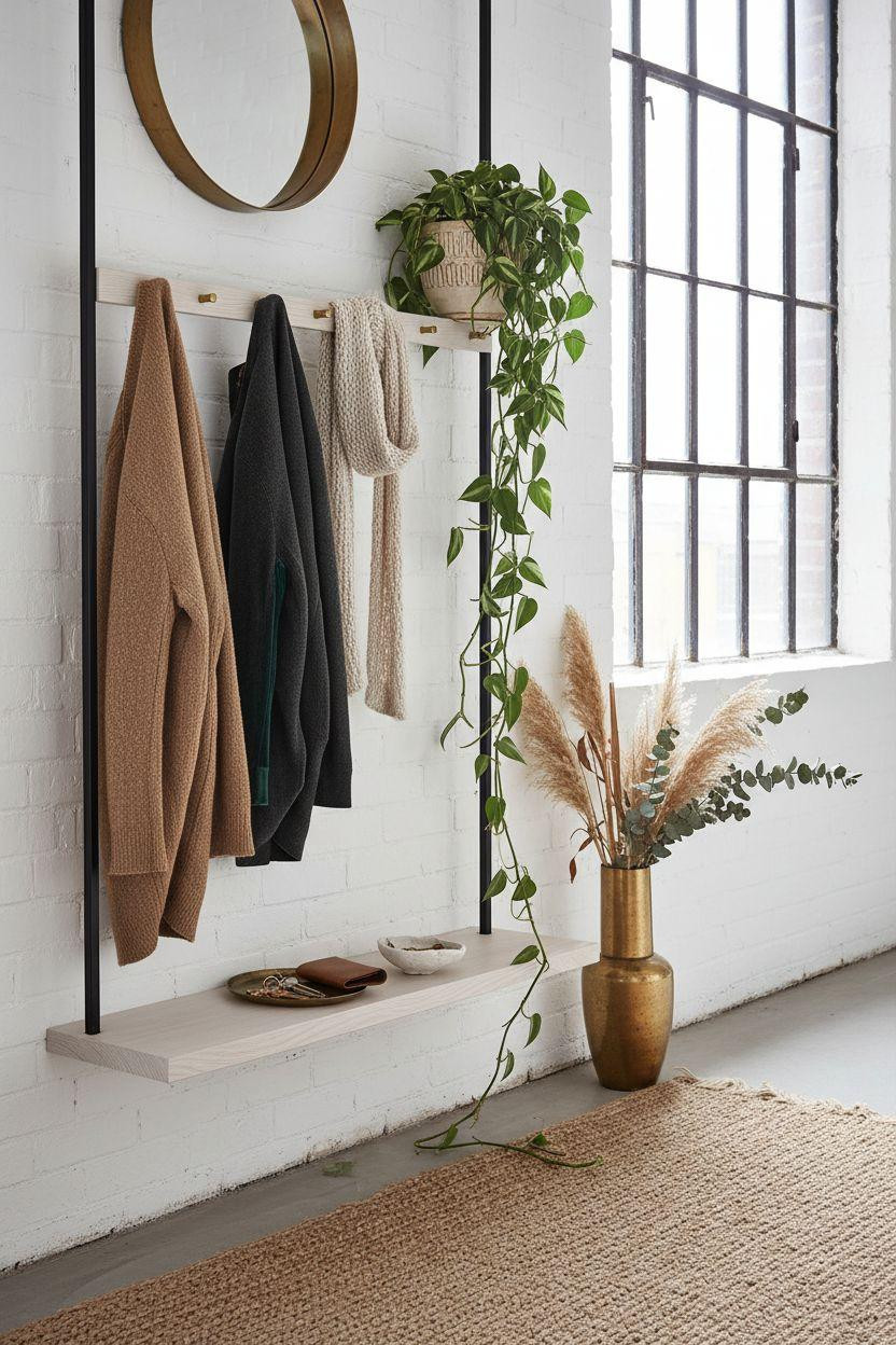 Coat Rack Entryway - vertical black rail with trailing plants