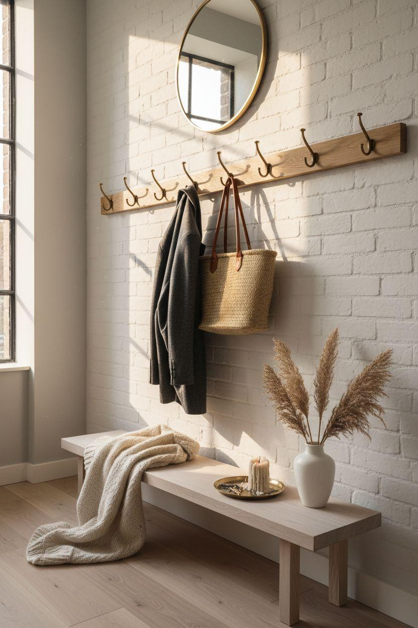 Coat Rack Entryway - pale oak with charcoal wool coat