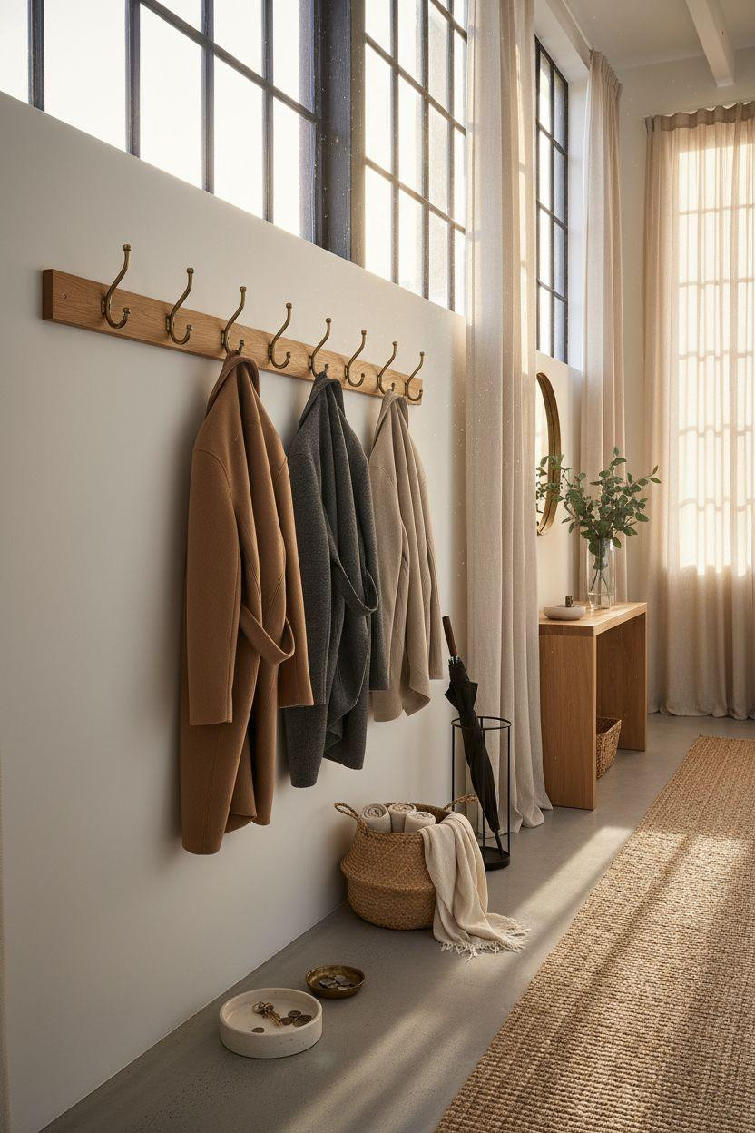 Coat Rack Entryway - warehouse hallway with long oak console