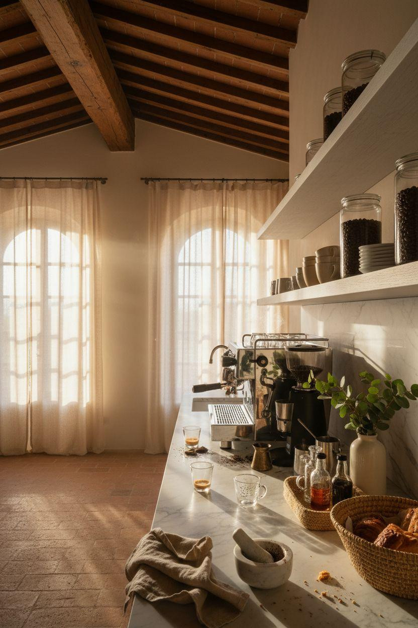 Coffee bar ideas kitchen counter with Tuscan farmhouse style