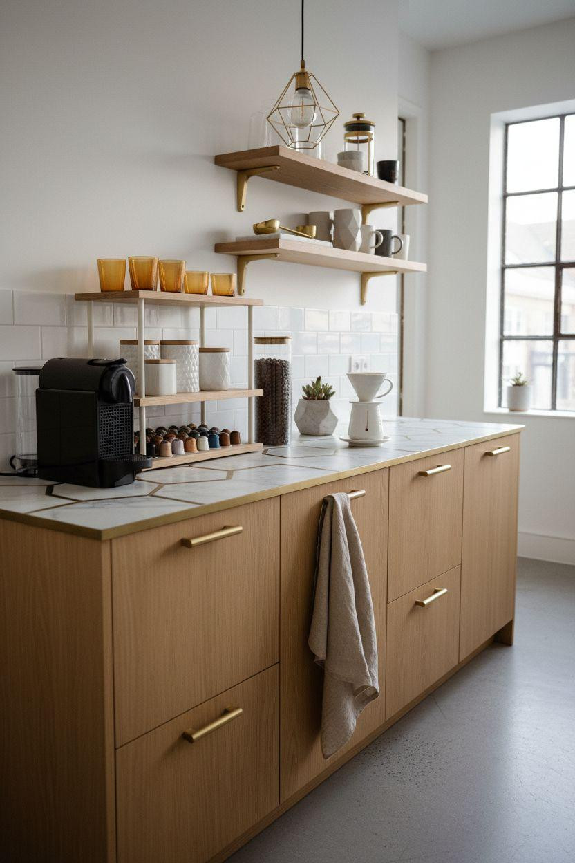 Coffee bar ideas kitchen counter with brass geometric details