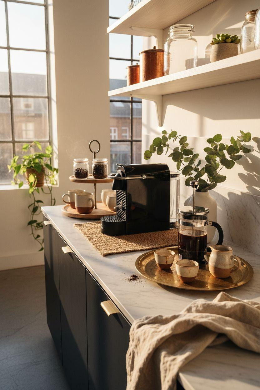 Coffee bar ideas kitchen counter with backlit glass and plants