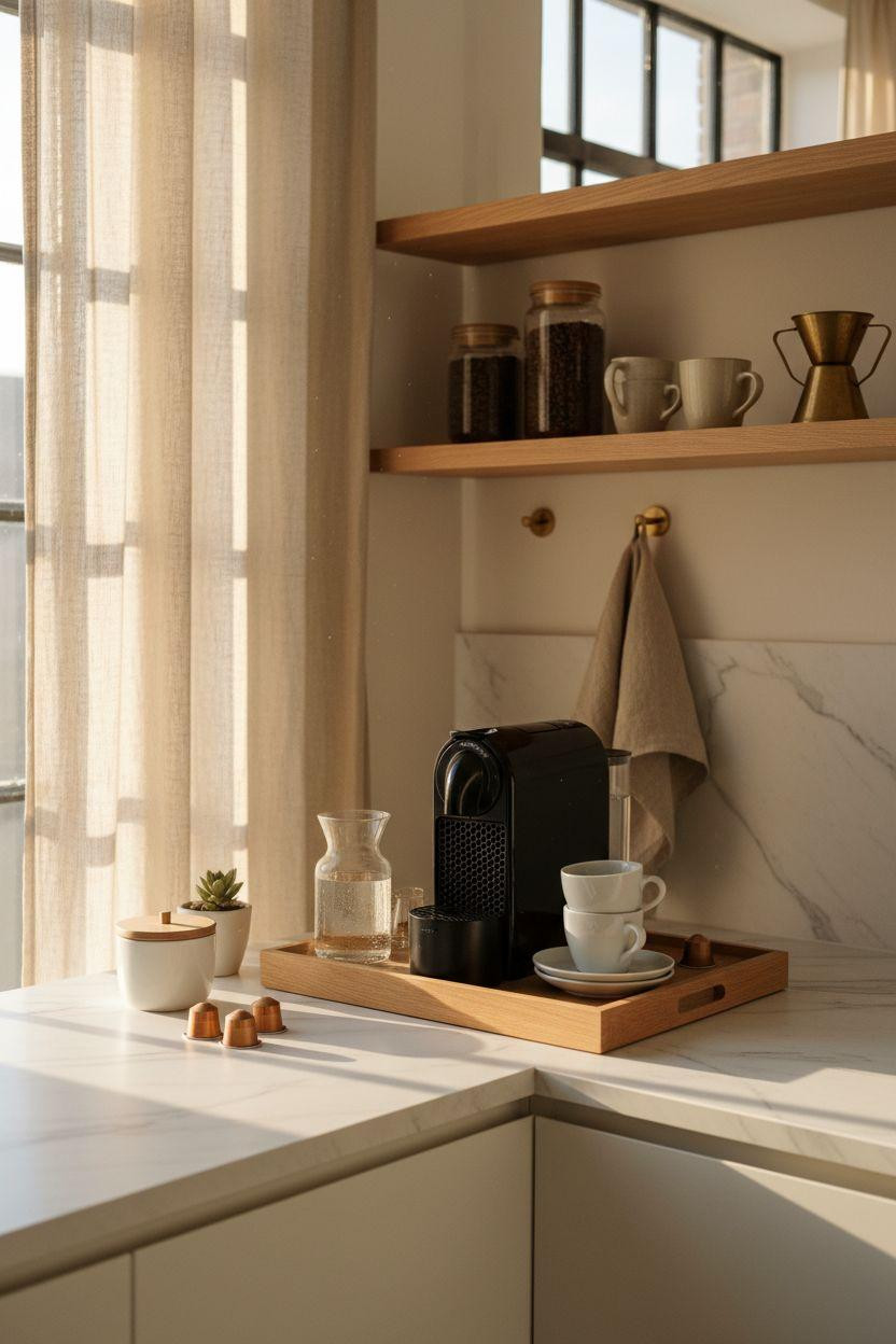 Coffee bar ideas kitchen counter with honey oak and brass