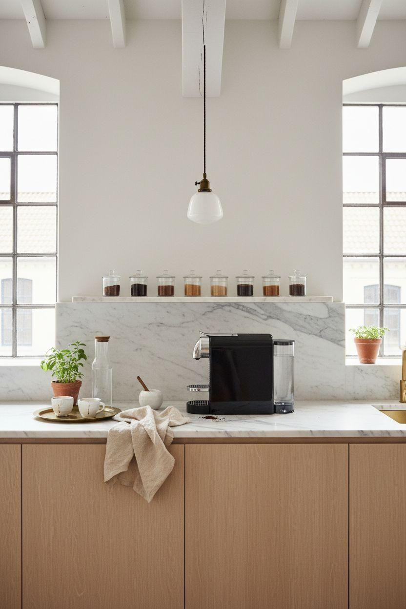 Coffee bar ideas kitchen counter with pale oak and glass display