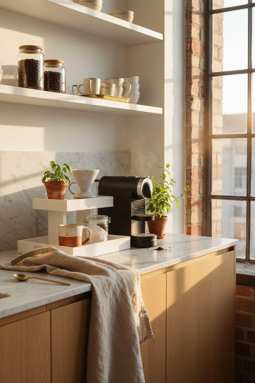 Coffee bar ideas kitchen counter with herbs and oak