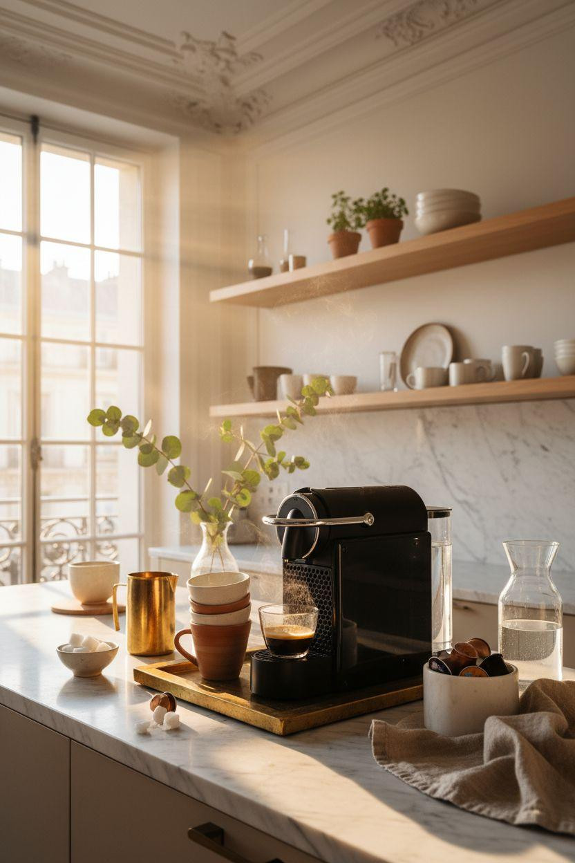 Coffee bar ideas kitchen counter Nespresso setup with brass accents