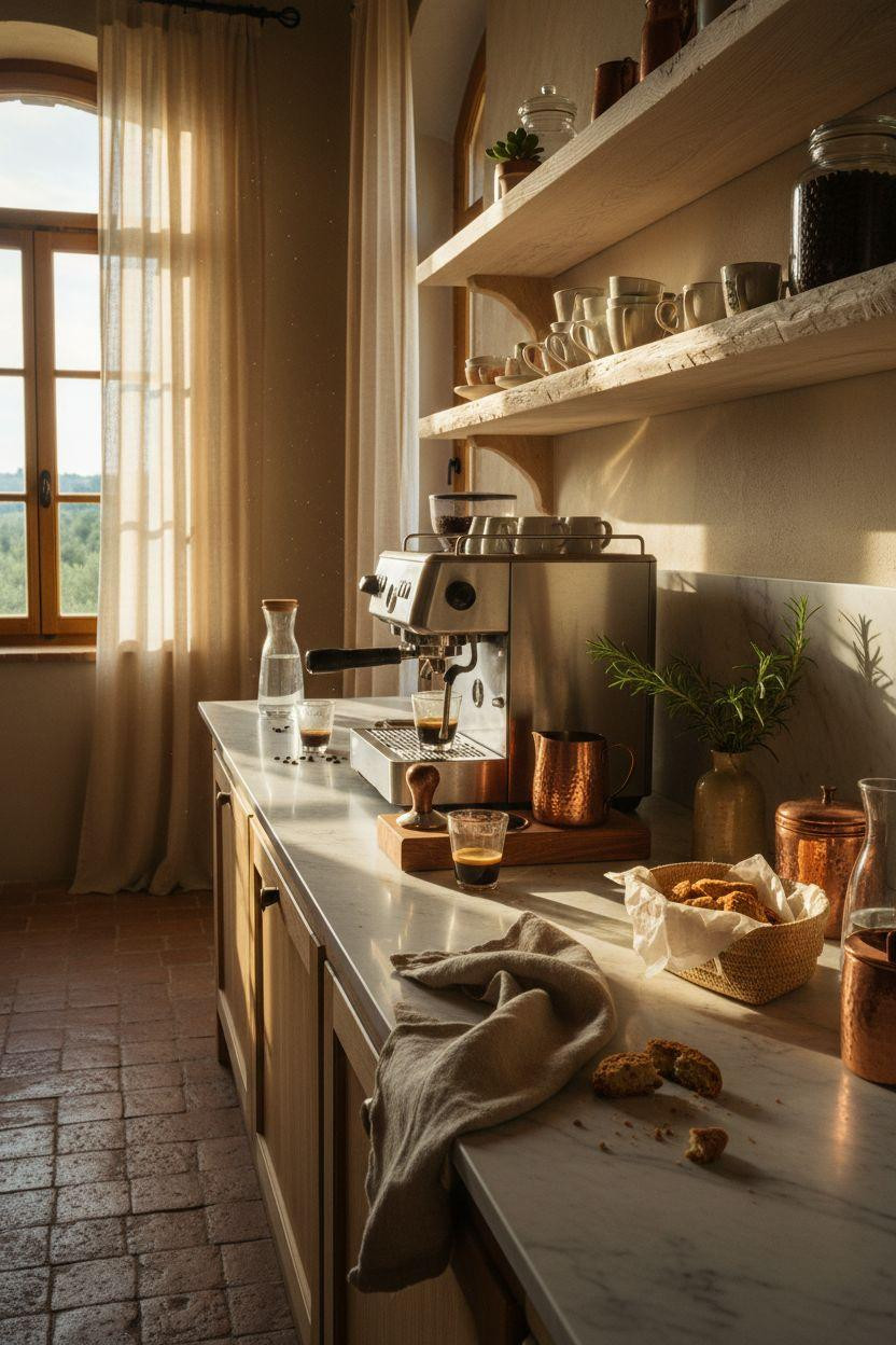 Coffee bar ideas kitchen counter with rustic copper accents