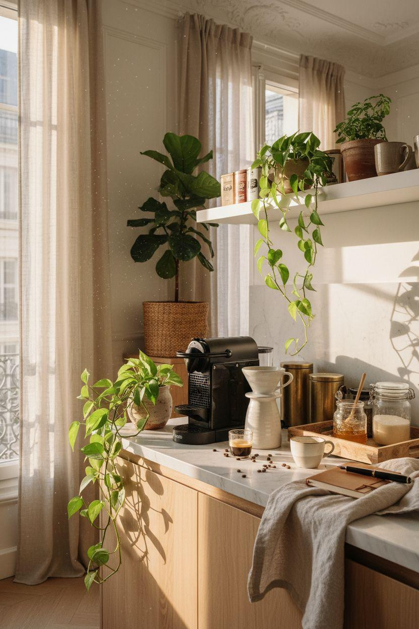 Coffee bar ideas kitchen counter with layered styling