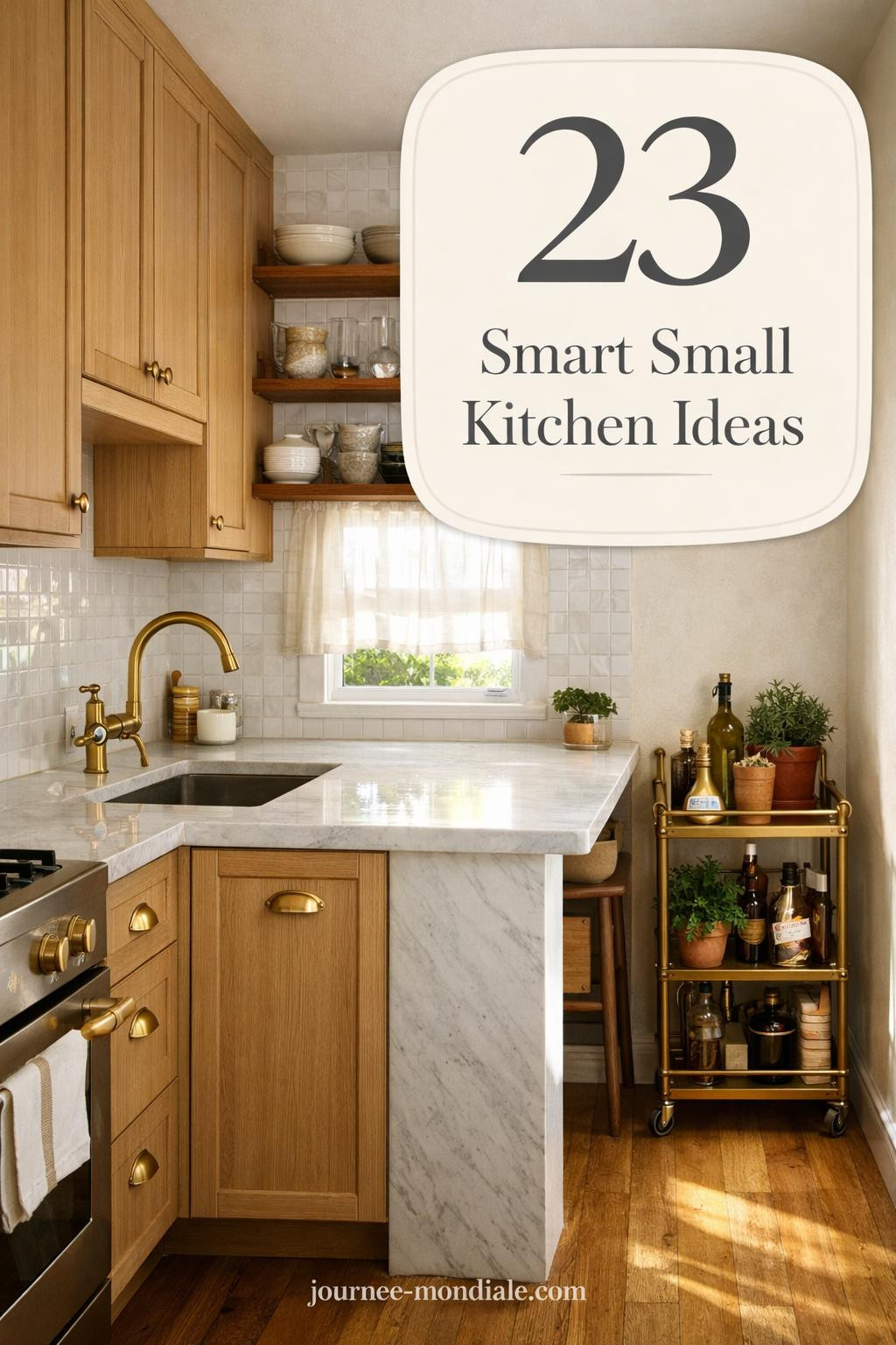 Elevated compact galley kitchen with ceiling-height white oak shaker cabinets, unlacquered brass hardware, honed Carrara marble peninsula, glossy zellige tile backsplash, open walnut shelving with ceramics, brass faucet, sheer curtained window, rolling bar cart with herbs, cream walls, wood floors, and natural light. Overlay reads 23 Smart Small Kitchen Ideas.